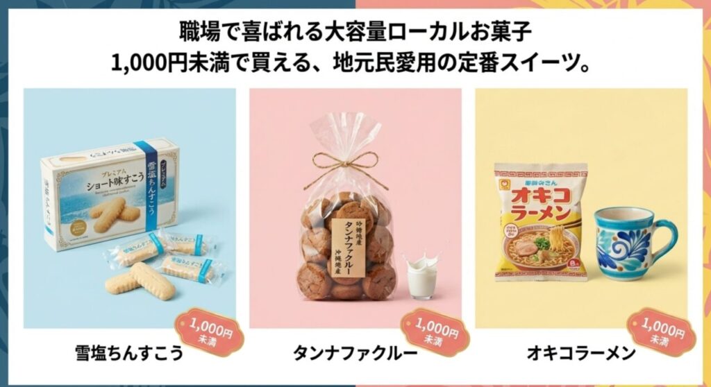 1000円未満で買える雪塩ちんすこうやタンナファクルーなどのお菓子