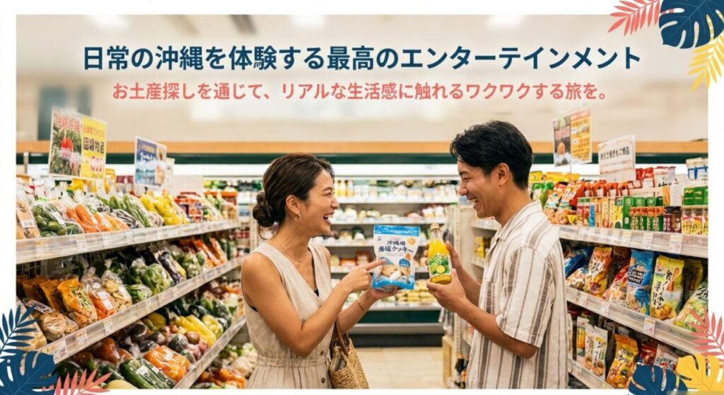 スーパーでお土産探しを楽しむカップル