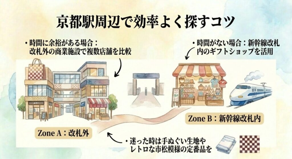 京都駅周辺の商業施設とギフトショップでお土産を探すイメージ