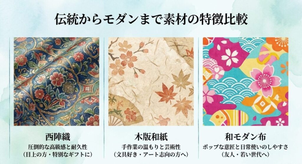 西陣織や和紙など京都の伝統素材の比較イメージ