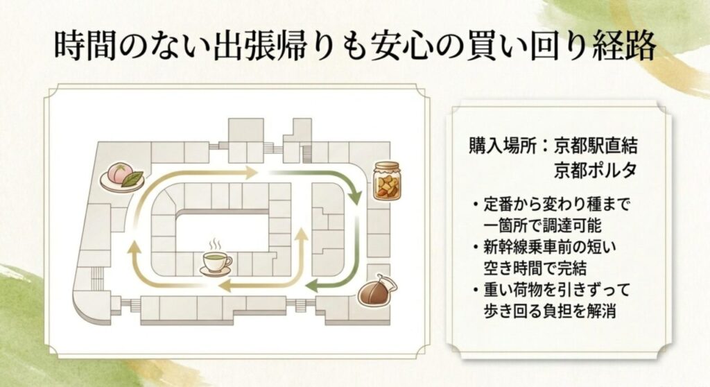 時間のない出張帰りでも安心な、京都駅直結ポルタでの効率的なお土産買い回り経路マップ