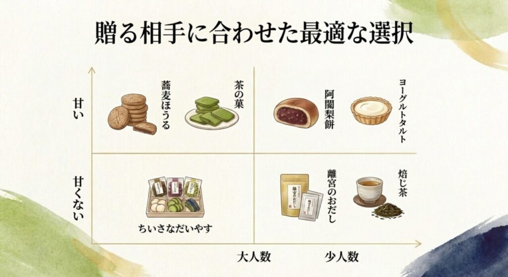 甘い・甘くない、大人数・少人数の軸で分類した京都土産のおすすめマトリックス図