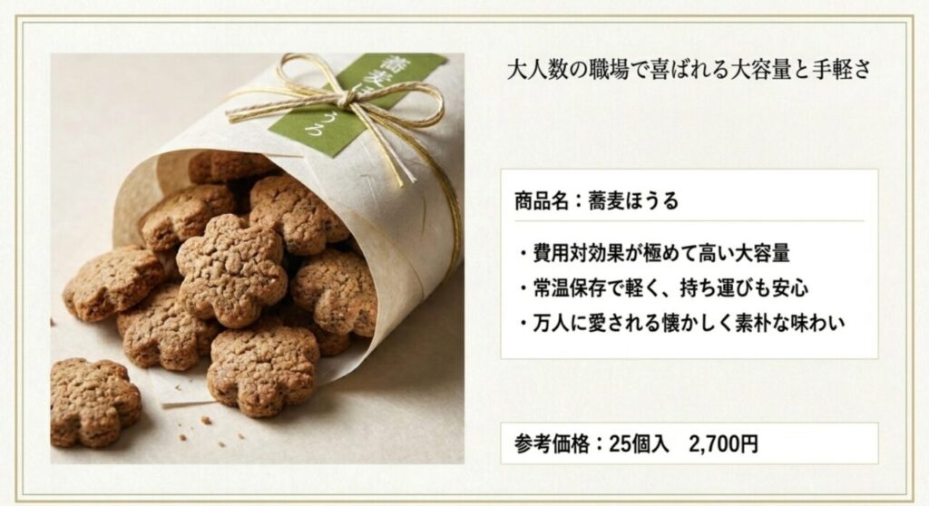 大容量でコスパが良く、常温保存可能な職場向けばらまき土産の蕎麦ほうる