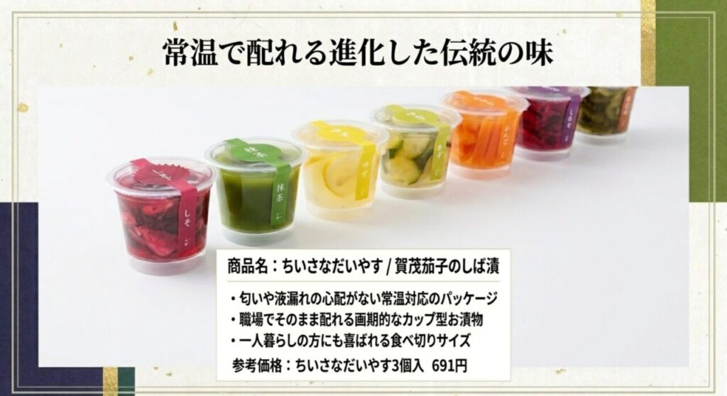 匂いや液漏れの心配がなく、常温で職場で配れる画期的なカップ型お漬物ちいさなだいやす