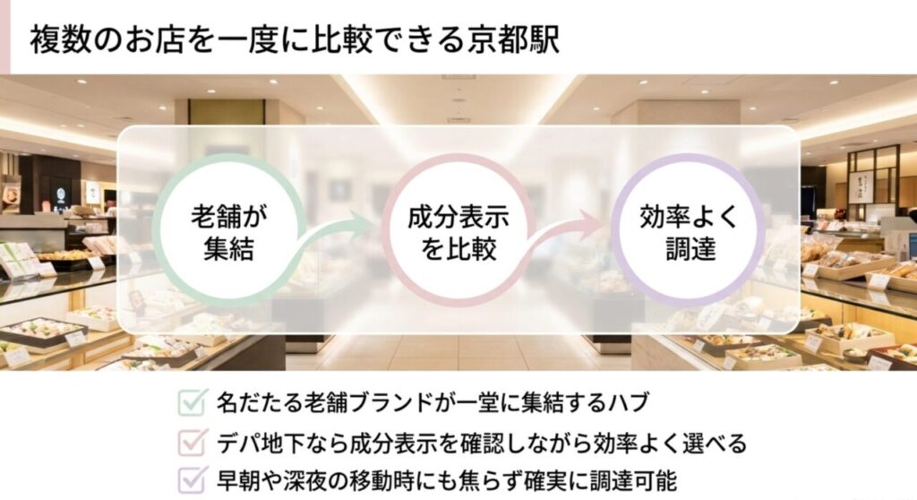 名だたる老舗ブランドが集結し、成分表示を比較しながら効率よくお土産が買える京都駅