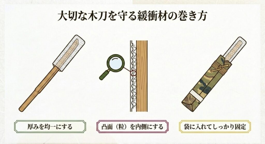 木刀を保護する緩衝材（プチプチ）の凸面を内側にする正しい巻き方