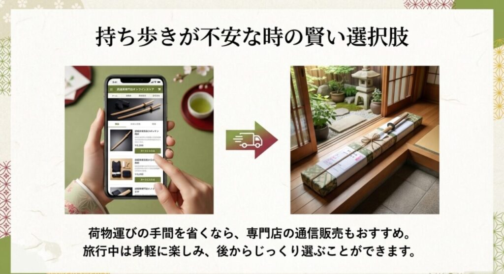 スマートフォンで武道具専門店のオンラインストアを利用して木刀を購入する様子