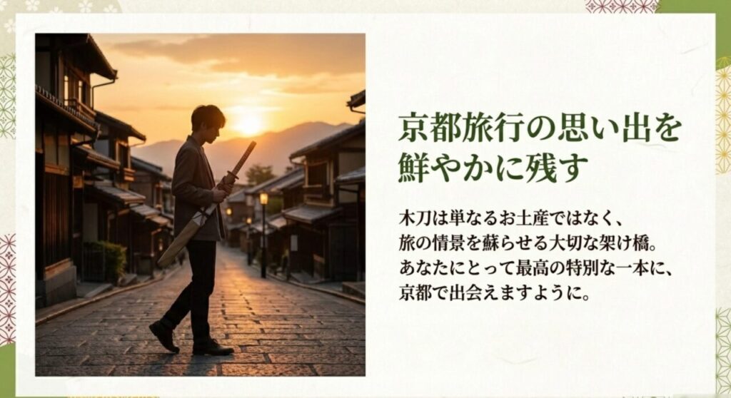 夕暮れの京都の街並みと木刀を持つ男性
