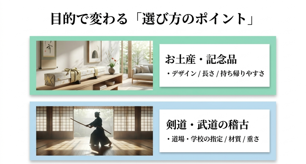 京都の木刀はお土産や記念品ならデザインや持ち帰りやすさ、武道の稽古なら道場の指定や材質、重さで選ぶ
