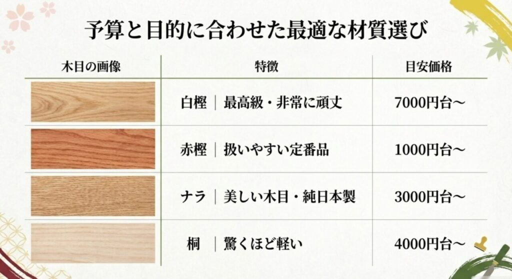 白樫、赤樫、ナラ、桐など木刀の材質と目安価格