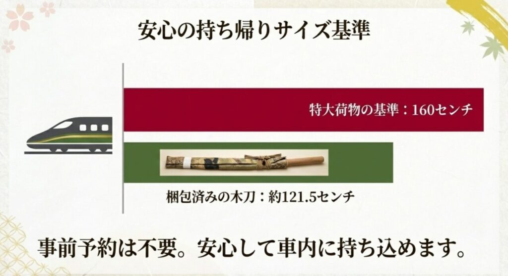 新幹線の特大荷物基準160センチと梱包済み木刀約121.5センチの比較