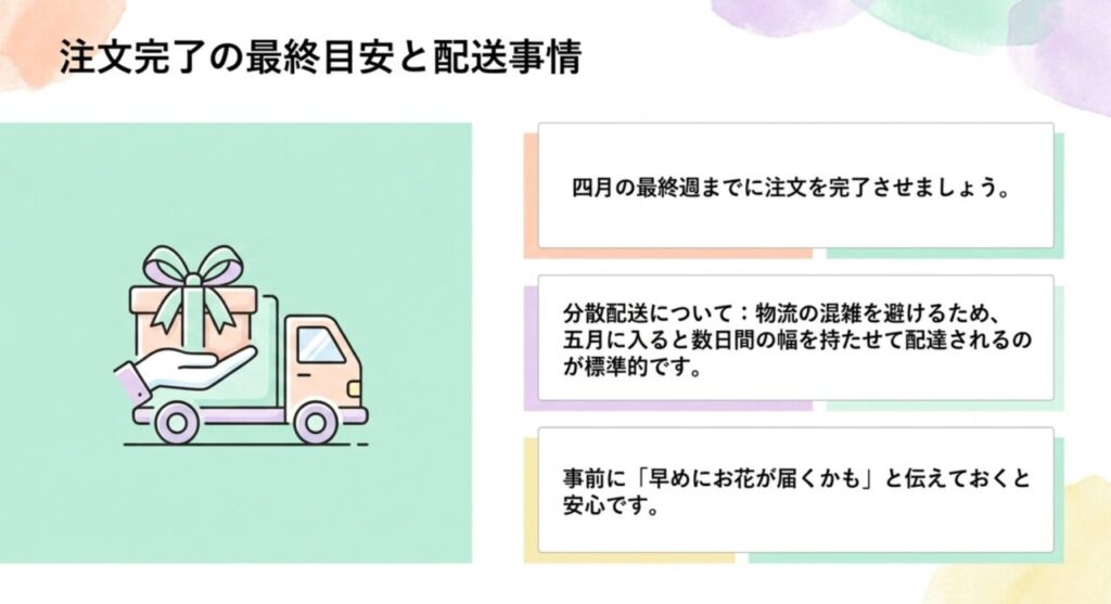 母の日ギフトを届ける配送トラックと分散配送のイメージイラスト