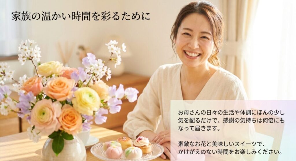 テーブルに飾られた美しいお花と美味しそうなスイーツ