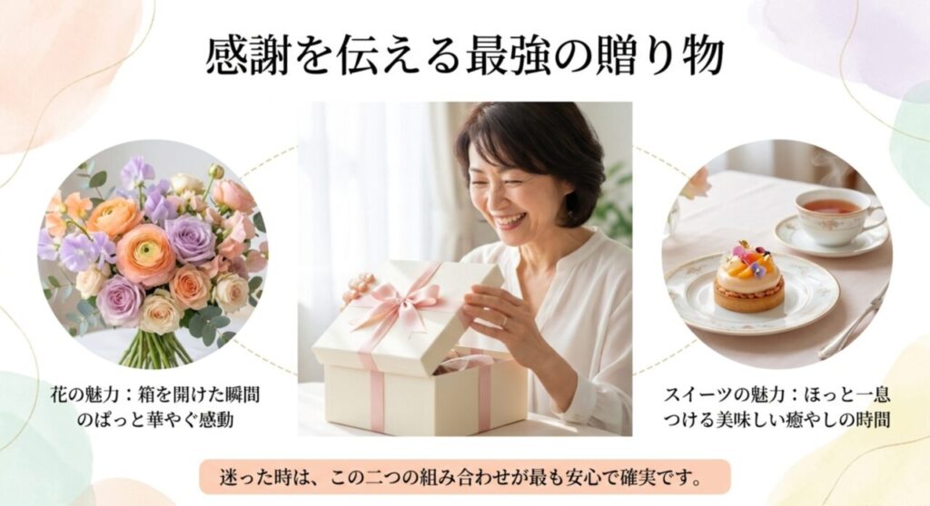 花とスイーツのギフトボックスを開けて喜ぶお母さん