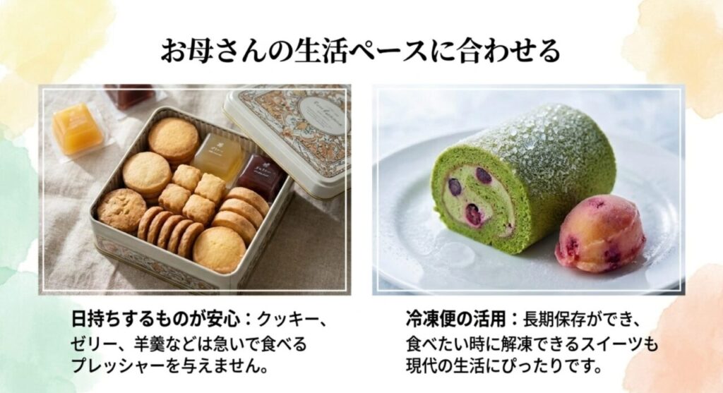 日持ちのするクッキー缶と解凍して食べる冷凍便の抹茶ロールケーキ