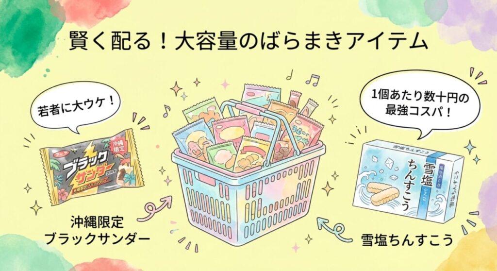 大容量のばらまきアイテム、沖縄限定ブラックサンダーや雪塩ちんすこう