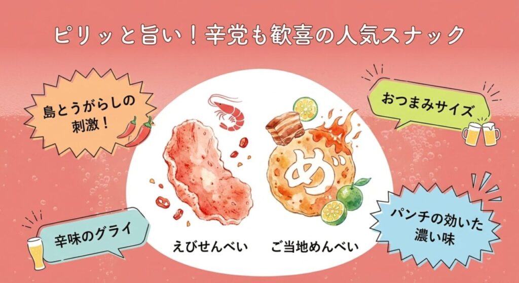 島とうがらしの刺激が効いた人気スナック、えびせんべいやご当地めんべい