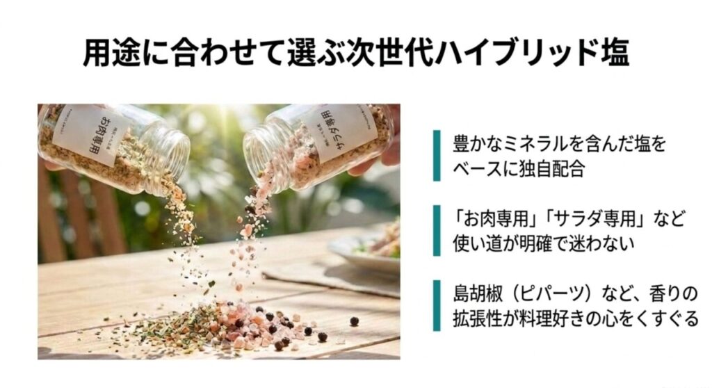 お肉専用やサラダ専用など用途に合わせて選ぶ次世代ハイブリッド塩