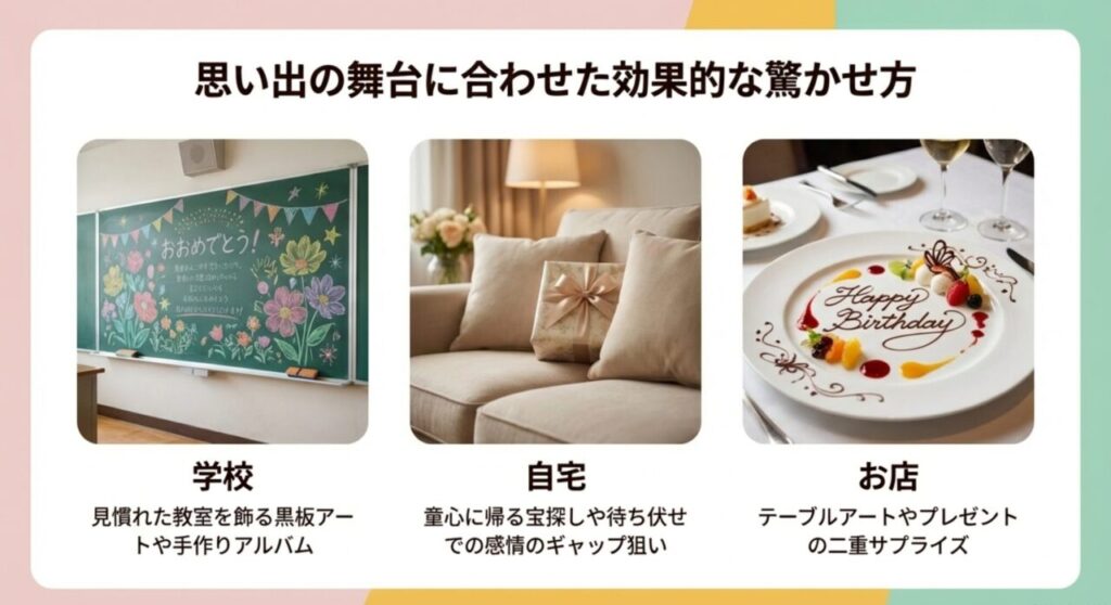 学校の黒板アート、自宅の宝探し、お店のテーブルアートなど場所別の驚かせ方