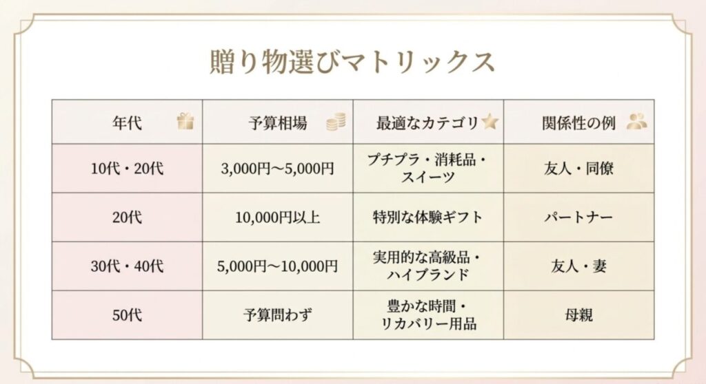 年代や関係性別の贈り物選びマトリックスと予算一覧表