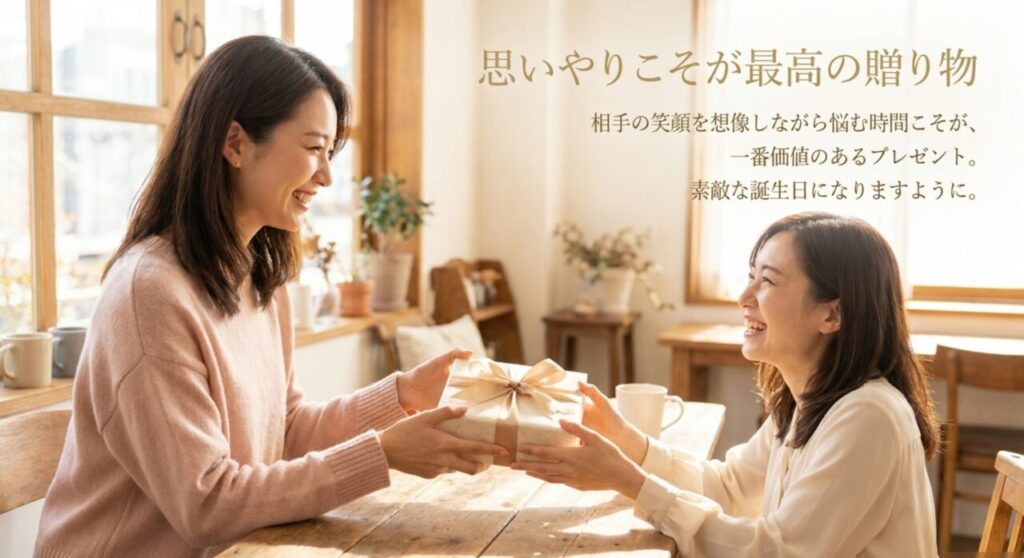 相手の笑顔を想像しながら悩む思いやりこそが最高の贈り物というメッセージ