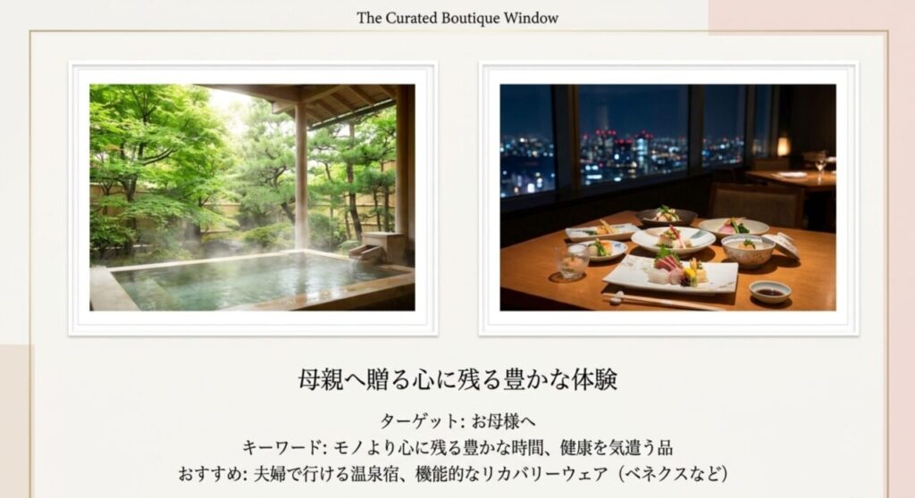 母親へ贈る心に残る豊かな体験と健康を気遣うリカバリー用品