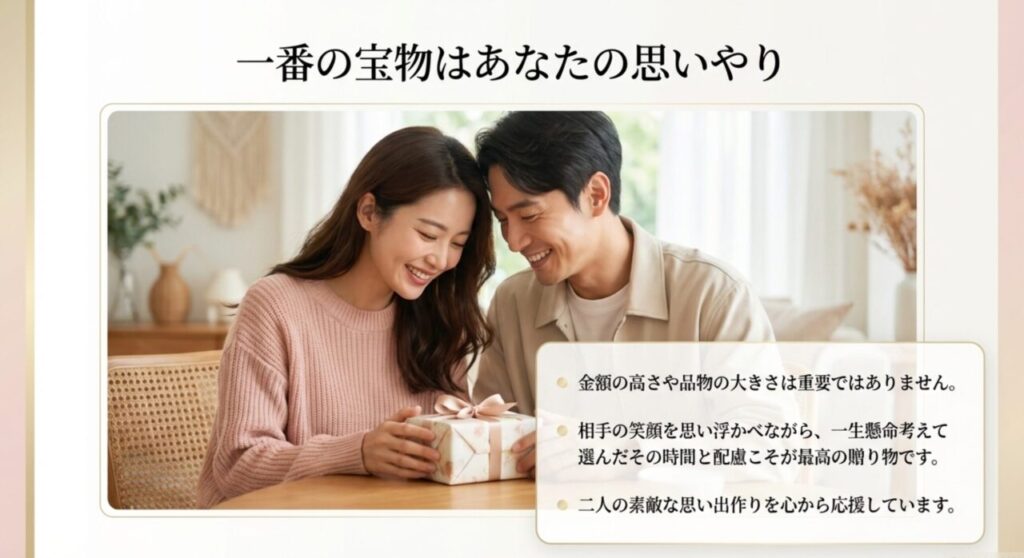 笑顔でプレゼントを開ける彼女と見守る彼氏、一番の宝物はあなたの思いやり