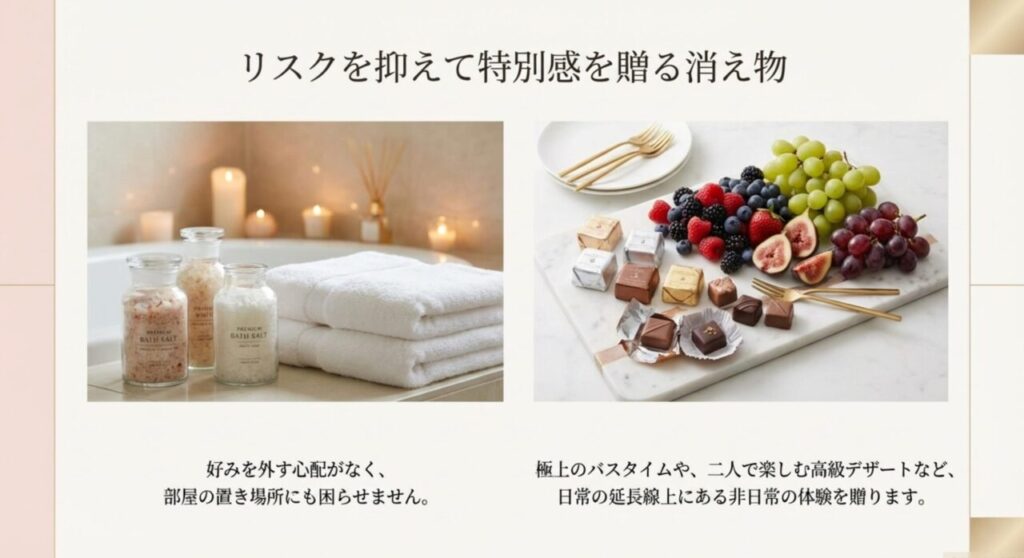 リスクを抑えて特別感を贈るバスソルトや高級フルーツなどの消え物ギフト