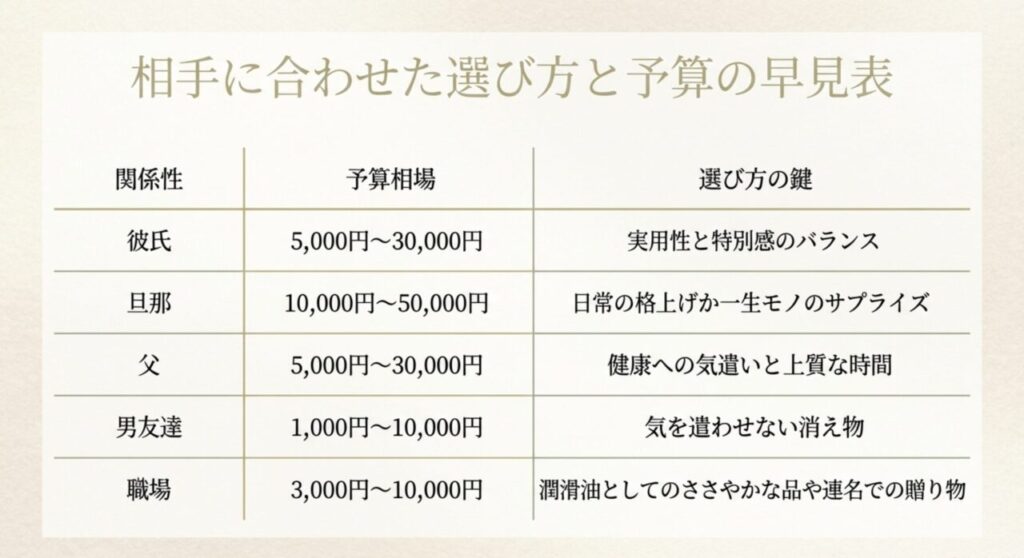 相手に合わせた選び方と関係性別の予算早見表