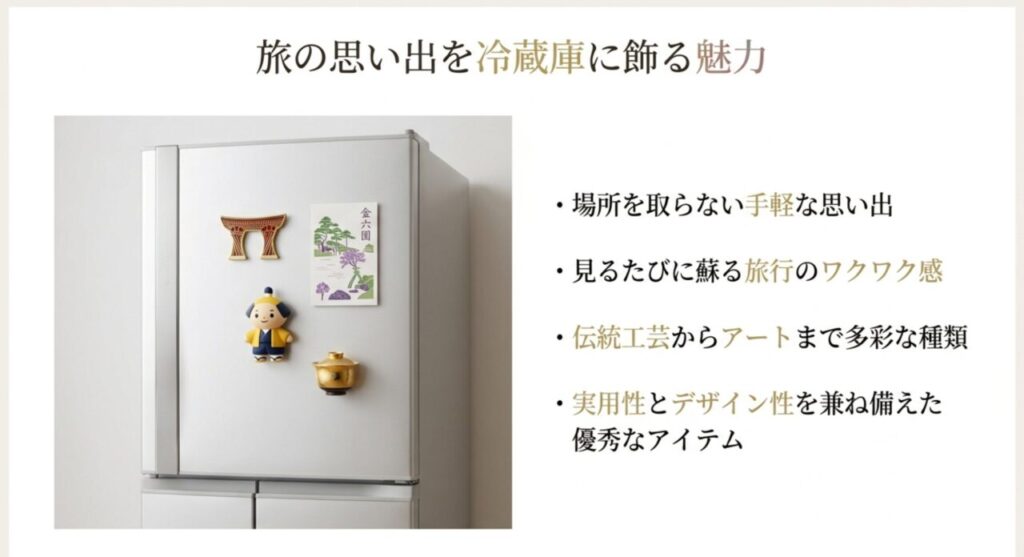 冷蔵庫に飾られた金沢のお土産マグネットの魅力