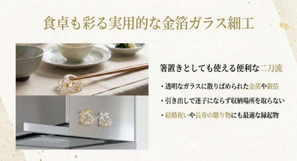 箸置きとしても使える便利な金箔ガラス細工のマグネット