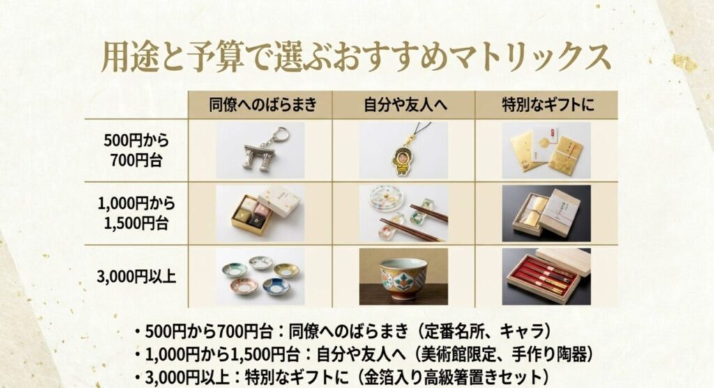 用途と予算で選ぶ金沢お土産マグネットのおすすめマトリックス