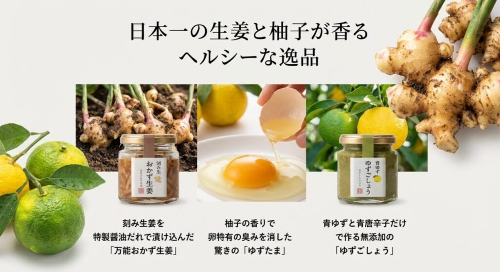 万能おかず生姜やゆずごしょうなどのヘルシーなご飯のお供