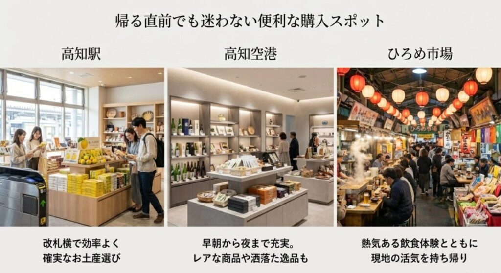 高知駅や高知空港、ひろめ市場などのお土産購入スポット