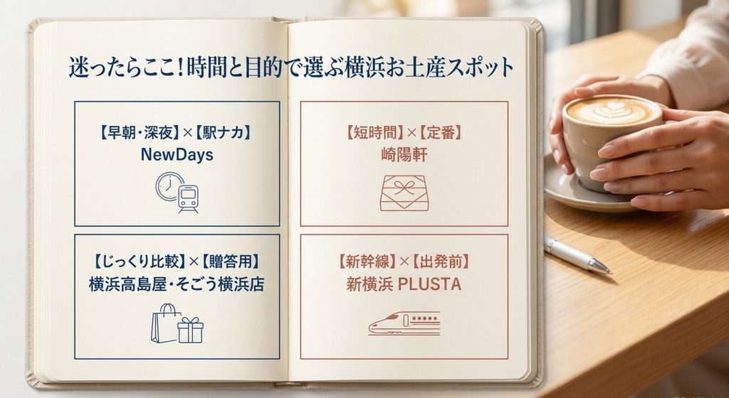 早朝深夜はNewDays、短時間なら崎陽軒、贈答用なら横浜高島屋・そごう横浜店、新幹線なら新横浜PLUSTAと目的別に示すスライド