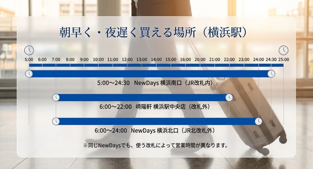 NewDays横浜南口5時から24時30分、崎陽軒横浜駅中央店6時から22時、NewDays横浜北口6時から24時の営業時間比較