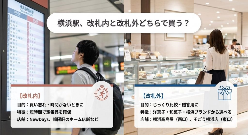 横浜駅の改札内は短時間で定番品、改札外は横浜高島屋やそごう横浜店で贈答用を比較する使い分け