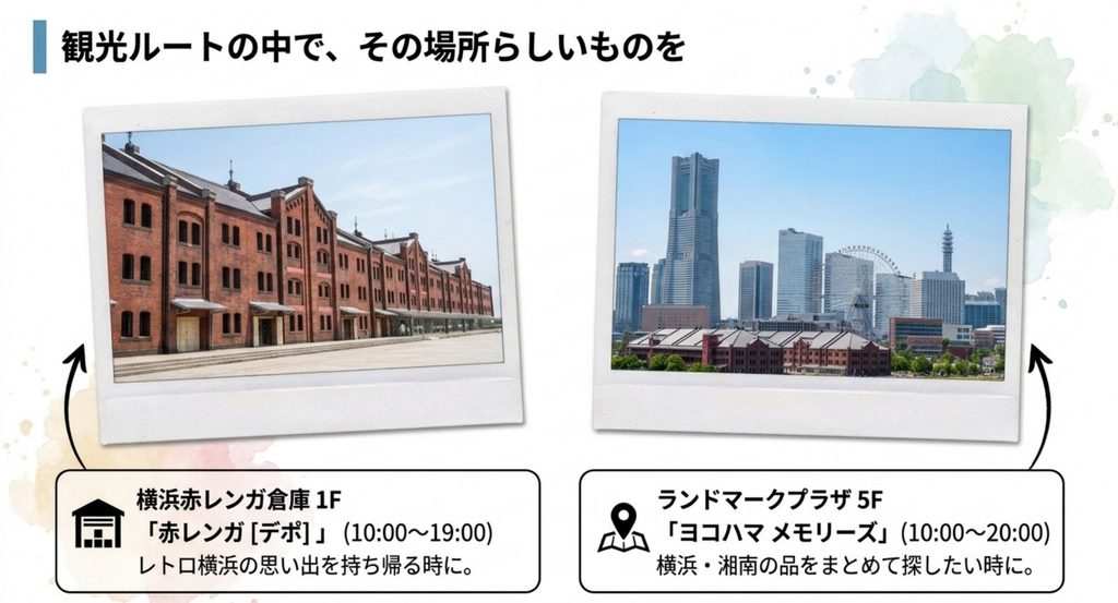 横浜赤レンガ倉庫の赤レンガデポとランドマークプラザのヨコハマメモリーズを観光ルート別に紹介するスライド