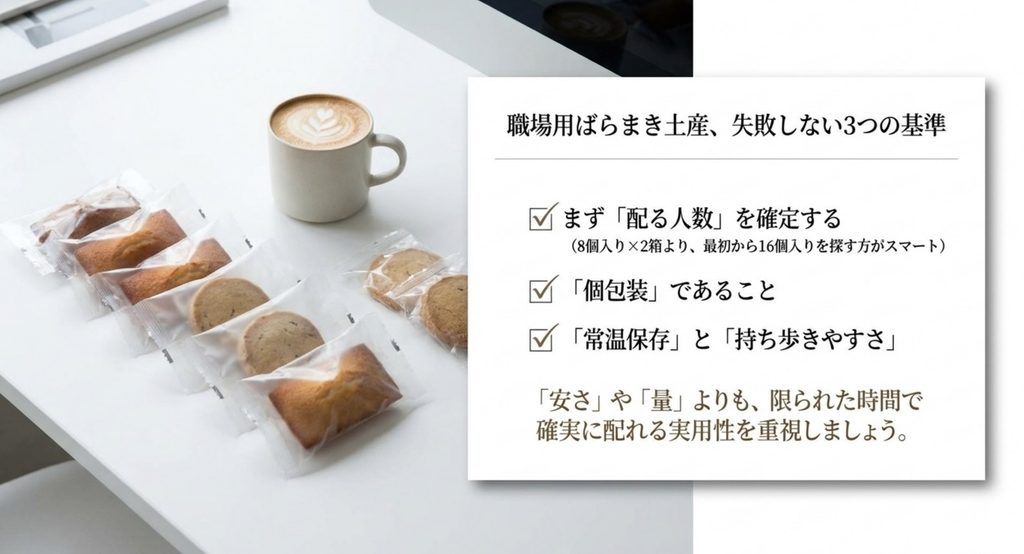職場用ばらまき土産は配る人数、個包装、常温保存、持ち歩きやすさを確認する3つの基準を示すスライド