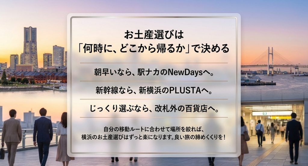 朝早いならNewDays、新幹線なら新横浜PLUSTA、じっくり選ぶなら改札外の百貨店という横浜土産の選び方まとめ