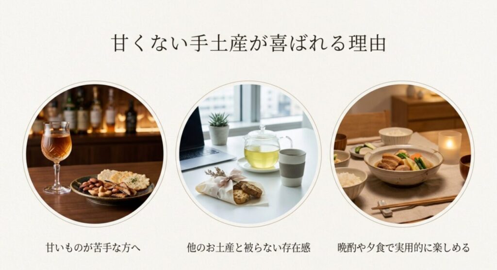 甘くない手土産が喜ばれる理由（甘いものが苦手な方へ、他のお土産と被らない、実用的に楽しめる）