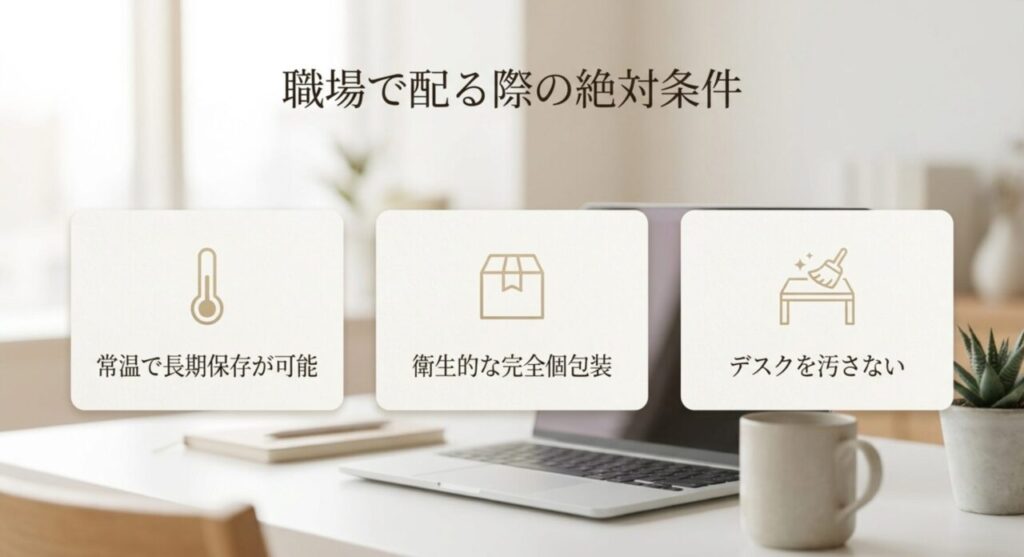 職場で配る際の絶対条件（常温で長期保存が可能、衛生的な完全個包装、デスクを汚さない）