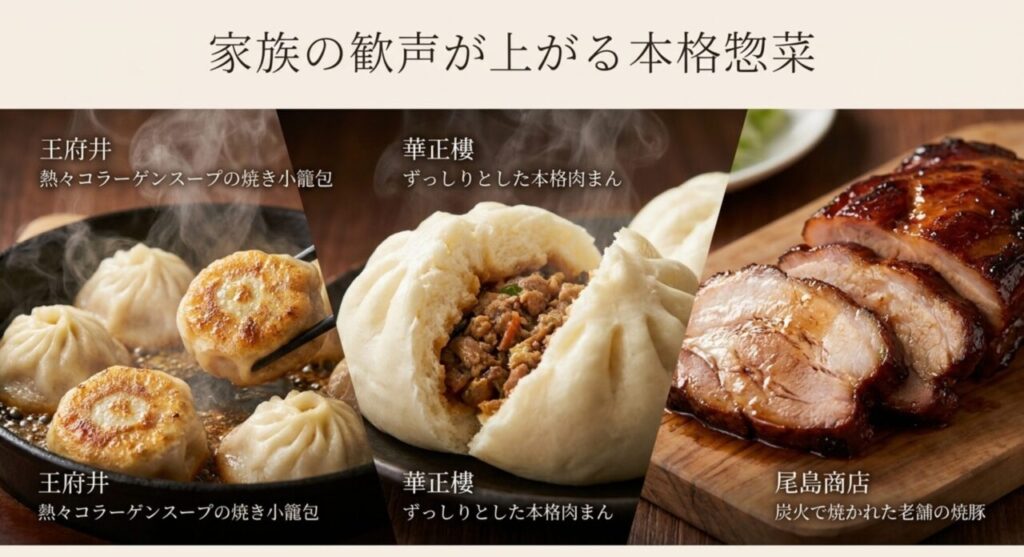 家族の歓声が上がる本格惣菜（王府井の焼き小籠包、華正樓の肉まん、尾島商店の焼豚）