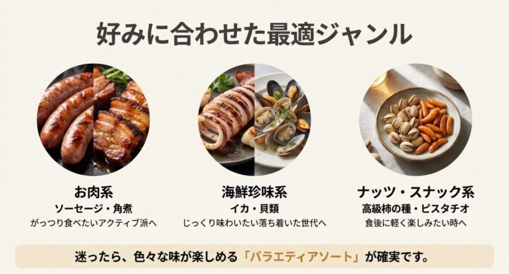 お肉系・海鮮珍味系・ナッツ類などお父さんの好みに合わせたおつまみジャンルの一覧
