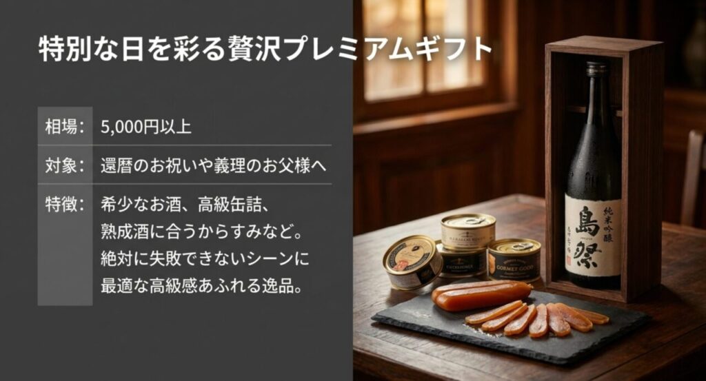 5000円以上の還暦祝いや義理のお父様向け贅沢プレミアムギフトの相場と特徴
