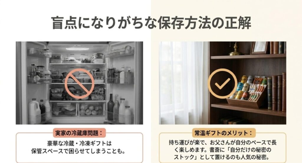 冷蔵冷凍ギフトの実家の冷蔵庫問題と常温保存ギフトの保管メリットの対比図