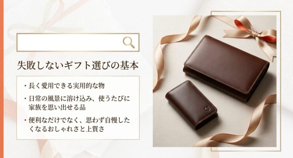 失敗しないギフト選びの基本（実用的・家族を思い出せる品・上質さ）を解説したスライド