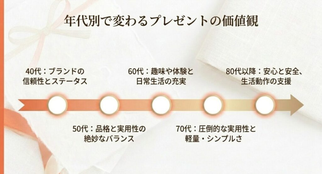 年代別で変わる父の日プレゼントの価値観（40代から80代以降まで）をまとめたスライド