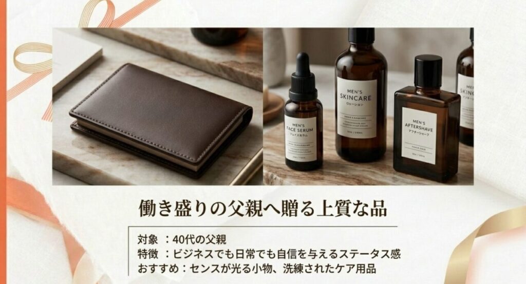 40代の働き盛りの父親へ贈る上質な品（メンズスキンケアや革小物）の解説スライド