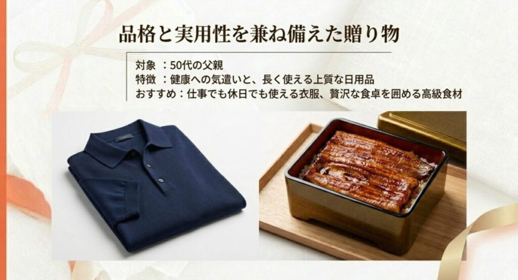 50代の品格と実用性を兼ね備えた贈り物（高級食材や衣服）を解説するスライド
